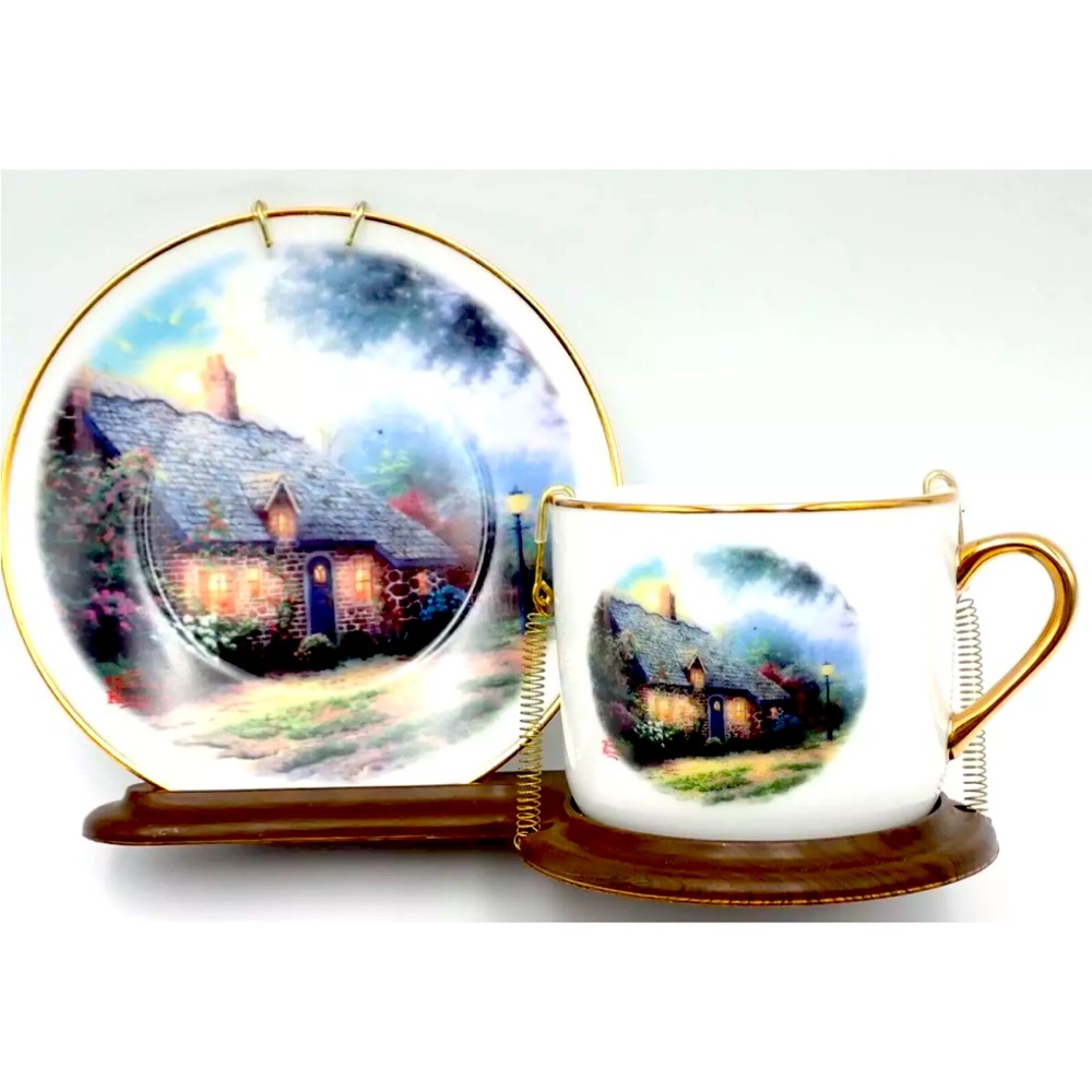 Thomas Kinkade Cup Saucer Stand Set By Teleflora "MOONLIGHT COTTAGE"